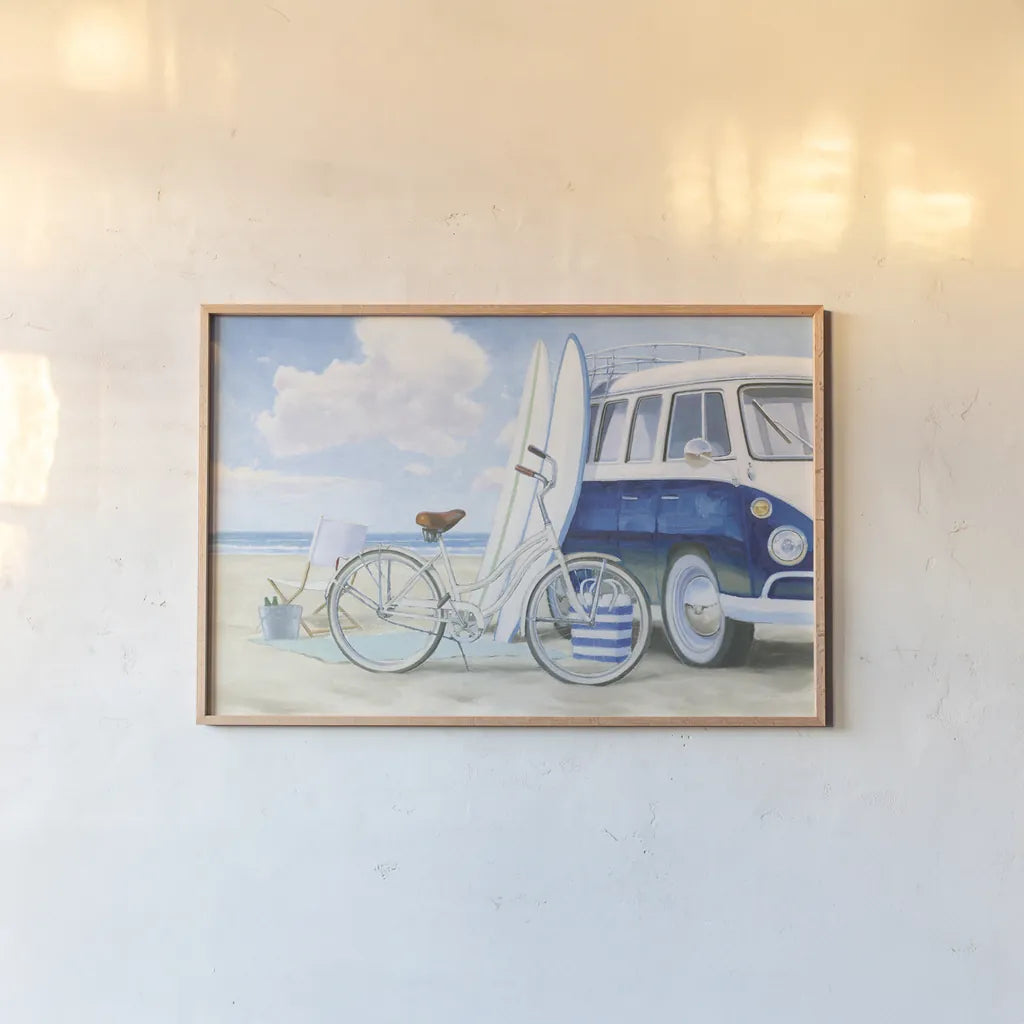 Beach Time I No Baskets by James Wiens. shown as a paper print in a natural frame. Available as a archival giclee rolled canvas, fine art paper, or poster print. SKU 51857i.