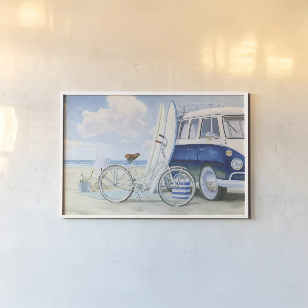 Beach Time I No Baskets by James Wiens. shown as a paper print in a white frame. Available as a archival giclee rolled canvas, fine art paper, or poster print. SKU 51857i.