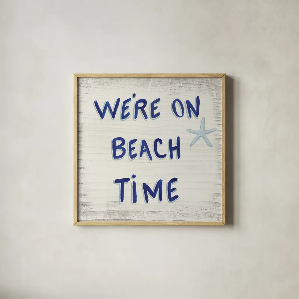 Beach Time VI Sq by James Wiens. Shown in a natural wood glass frame for a timeless modern aesthetic. Available as an archival giclee rolled canvas, fine art paper, or poster print. SKU 51859a.