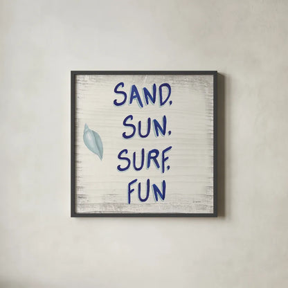 Beach Time VIII Sq by James Wiens. Shown in a sleek black glass frame for a contemporary gallery look. Available as an archival giclee rolled canvas, fine art paper, or poster print. SKU 51860a.