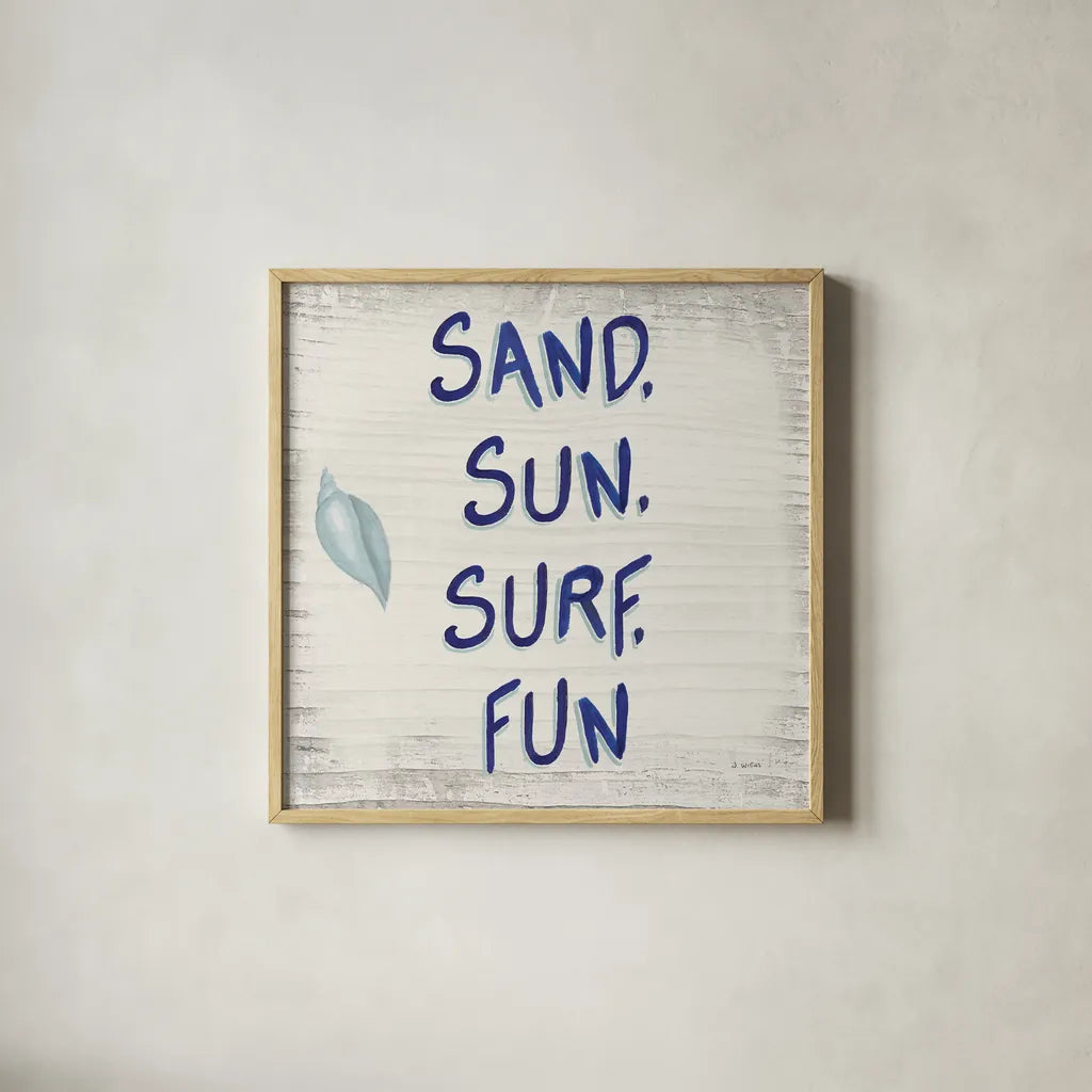 Beach Time VIII Sq by James Wiens. Shown in a natural wood glass frame for a timeless modern aesthetic. Available as an archival giclee rolled canvas, fine art paper, or poster print. SKU 51860a.