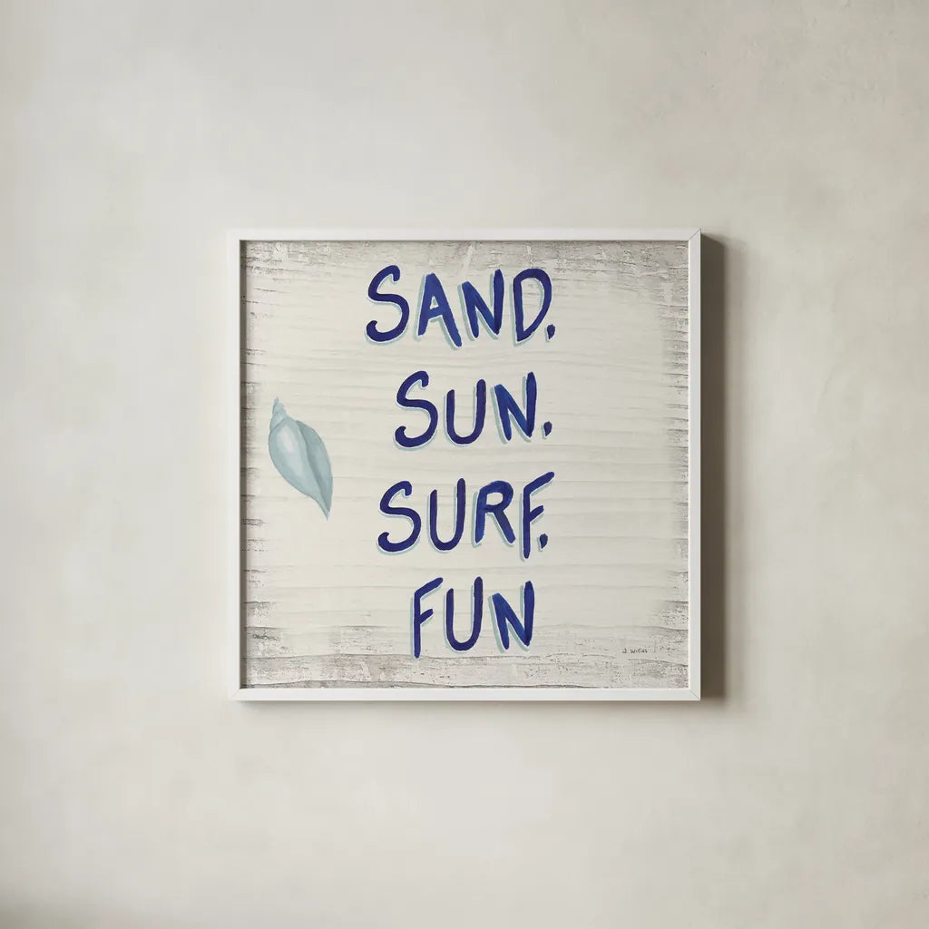 Beach Time VIII Sq by James Wiens. Shown in a crisp white glass frame for a clean and minimalist style. Available as an archival giclee rolled canvas, fine art paper, or poster print. SKU 51860a.