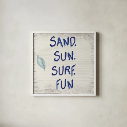 Beach Time VIII Sq by James Wiens. Shown in a crisp white glass frame for a clean and minimalist style. Available as an archival giclee rolled canvas, fine art paper, or poster print. SKU 51860a.