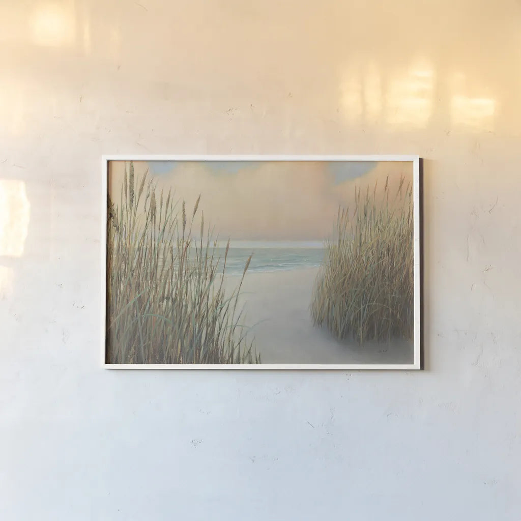 Beach Trail I by James Wiens. shown as a paper print in a white frame. Available as a archival giclee rolled canvas, fine art paper, or poster print. SKU 16424i.