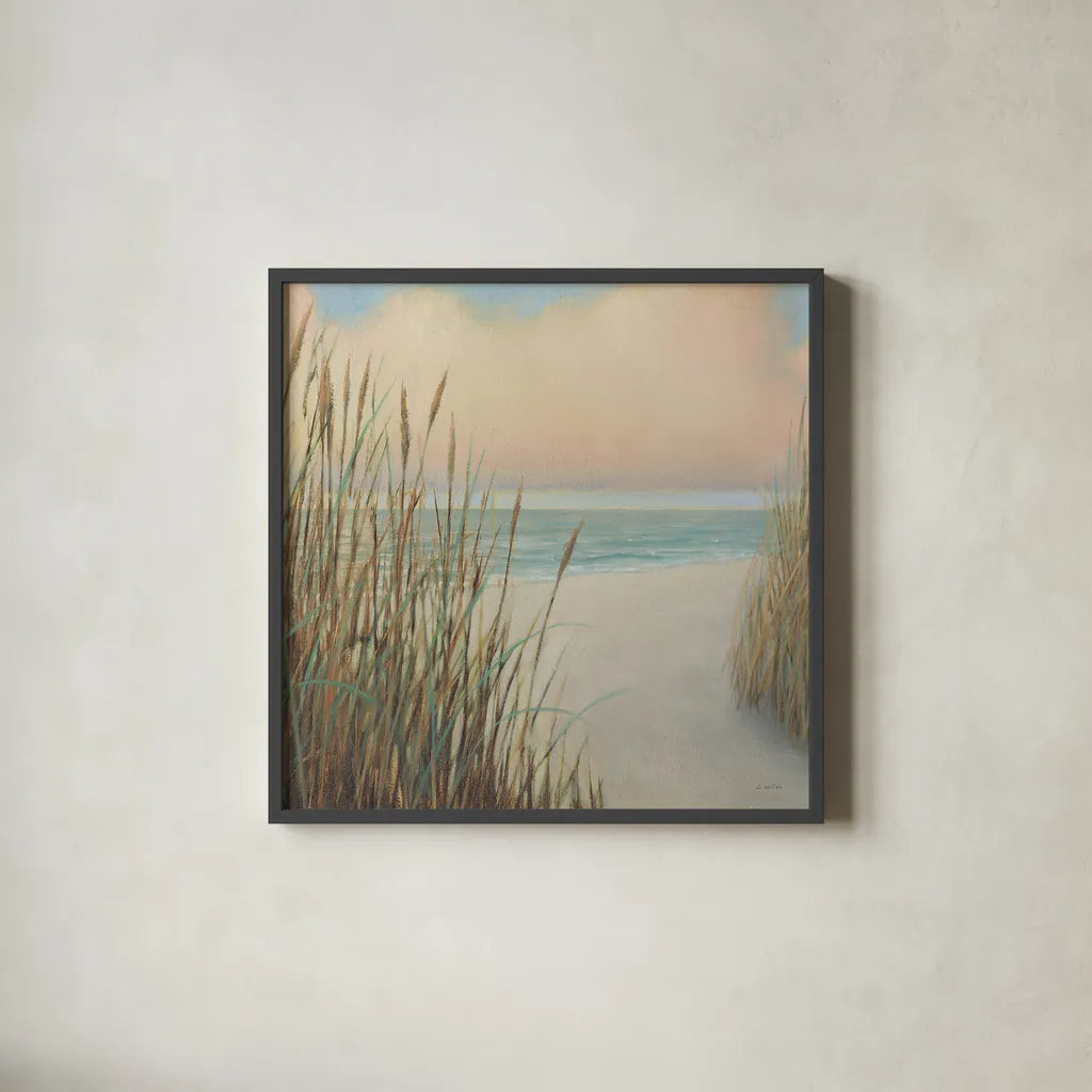 Beach Trail I Sq by James Wiens. Shown in a sleek black glass frame for a contemporary gallery look. Available as an archival giclee rolled canvas, fine art paper, or poster print. SKU 16424a.