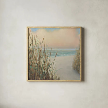 Beach Trail I Sq by James Wiens. Shown in a natural wood glass frame for a timeless modern aesthetic. Available as an archival giclee rolled canvas, fine art paper, or poster print. SKU 16424a.