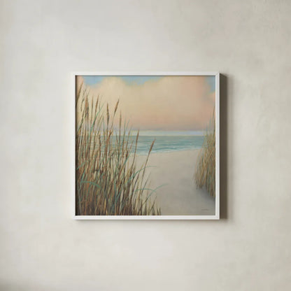 Beach Trail I Sq by James Wiens. Shown in a crisp white glass frame for a clean and minimalist style. Available as an archival giclee rolled canvas, fine art paper, or poster print. SKU 16424a.