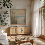 Beach Trail I Sq by James Wiens. Shown in a natural wood frame in a cozy modern living room. Available as an archival giclee rolled canvas, fine art paper, or poster print. SKU 16424a.