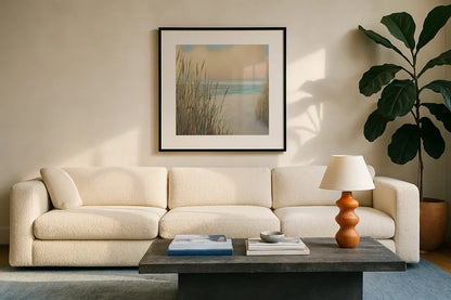 Beach Trail I Sq by James Wiens. Displayed in a glass frame with matte in a clean modern living room. Available as an archival giclee rolled canvas, fine art paper, or poster print. SKU 16424a.