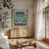 Beautiful Country I Square by James Wiens. Shown in a natural wood frame in a cozy modern living room. Available as an archival giclee rolled canvas, fine art paper, or poster print. SKU 30016a.