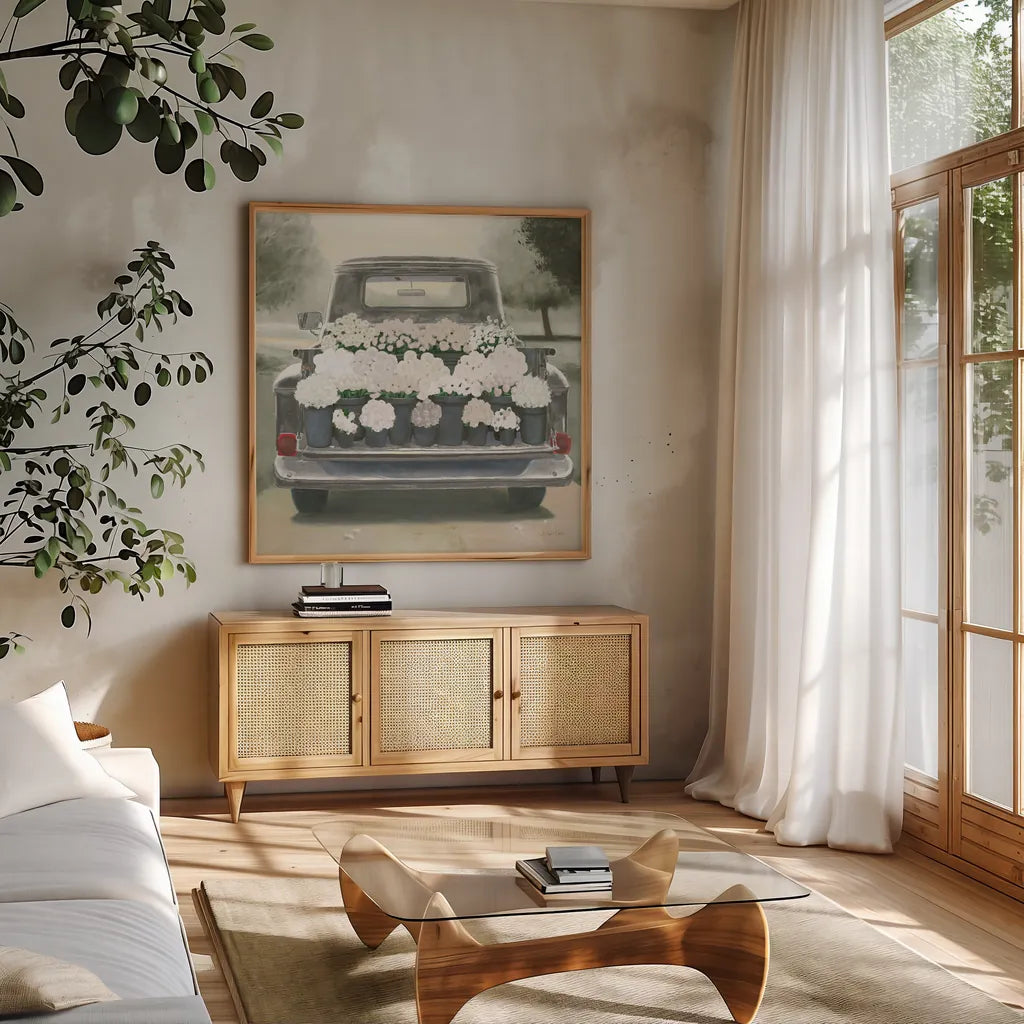 Beautiful Country III Gray White Sq by James Wiens. Shown in a natural wood frame in a cozy modern living room. Available as an archival giclee rolled canvas, fine art paper, or poster print. SKU 89391a.