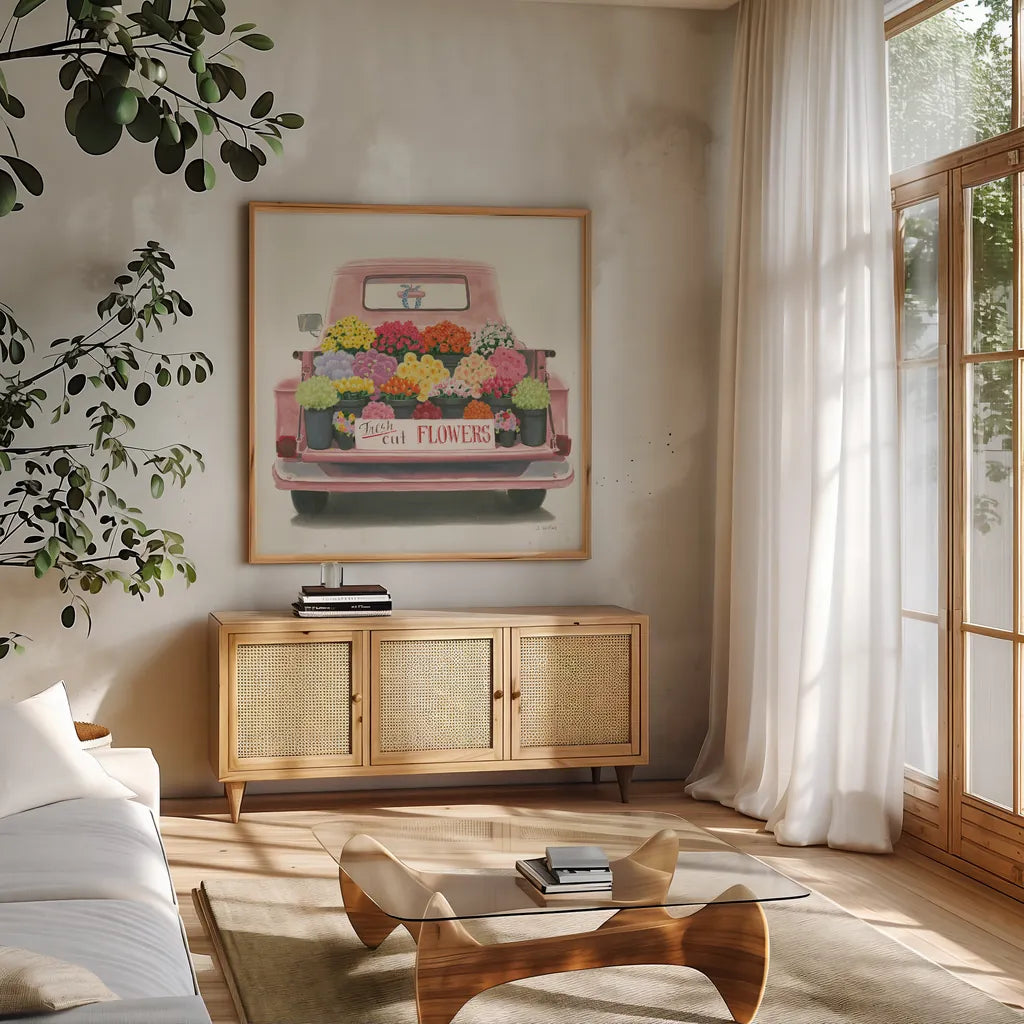 Beautiful Country III Sq Pink by James Wiens. Shown in a natural wood frame in a cozy modern living room. Available as an archival giclee rolled canvas, fine art paper, or poster print. SKU 83535a.