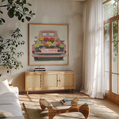 Beautiful Country III Sq Pink by James Wiens. Shown in a natural wood frame in a cozy modern living room. Available as an archival giclee rolled canvas, fine art paper, or poster print. SKU 83535a.