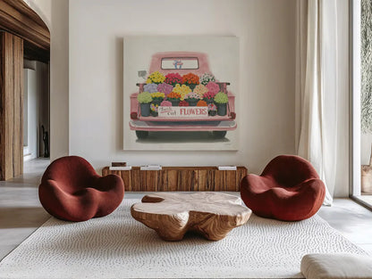 Beautiful Country III Sq Pink by James Wiens. Shown as extra-large giant wall art in a modern living room. Available as an archival giclee rolled canvas, fine art paper, or poster print. SKU 83535a.