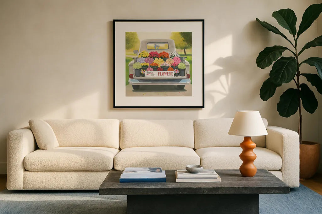 Beautiful Country III Square by James Wiens. Displayed in a glass frame with matte in a clean modern living room. Available as an archival giclee rolled canvas, fine art paper, or poster print. SKU 30846a.