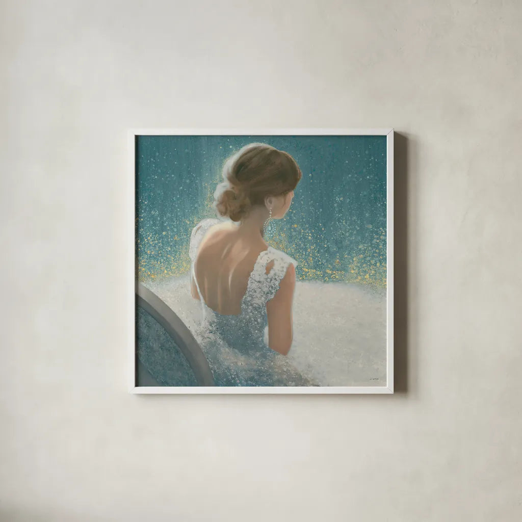 Before the Opera Blue by James Wiens. Shown in a crisp white glass frame for a clean and minimalist style. Available as an archival giclee rolled canvas, fine art paper, or poster print. SKU 22176a.