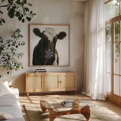 Bessie by James Wiens. Shown in a natural wood frame in a cozy modern living room. Available as an archival giclee rolled canvas, fine art paper, or poster print. SKU 76401a.