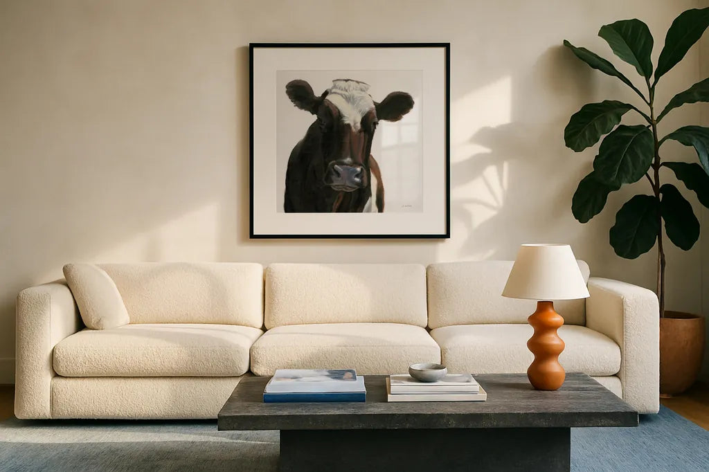 Bessie by James Wiens. Displayed in a glass frame with matte in a clean modern living room. Available as an archival giclee rolled canvas, fine art paper, or poster print. SKU 76401a.