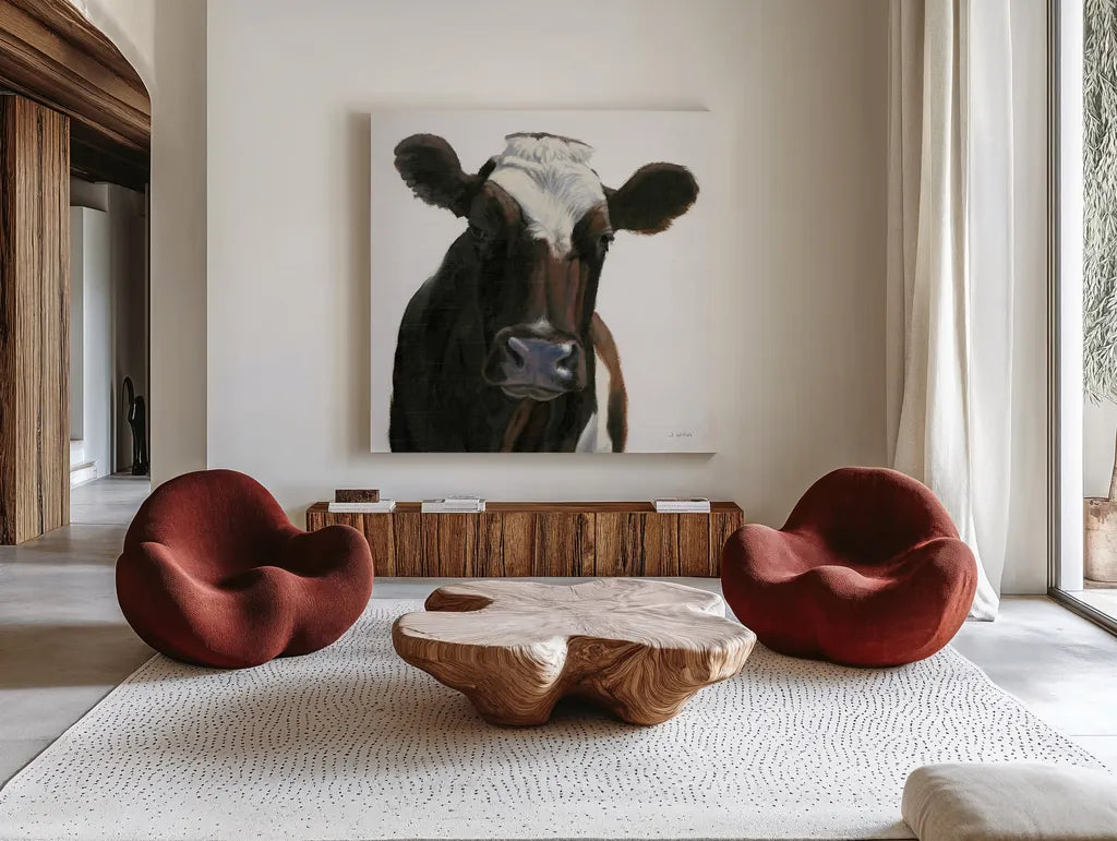 Bessie by James Wiens. Shown as extra-large giant wall art in a modern living room. Available as an archival giclee rolled canvas, fine art paper, or poster print. SKU 76401a.