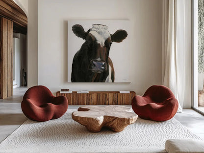 Bessie by James Wiens. Shown as extra-large giant wall art in a modern living room. Available as an archival giclee rolled canvas, fine art paper, or poster print. SKU 76401a.