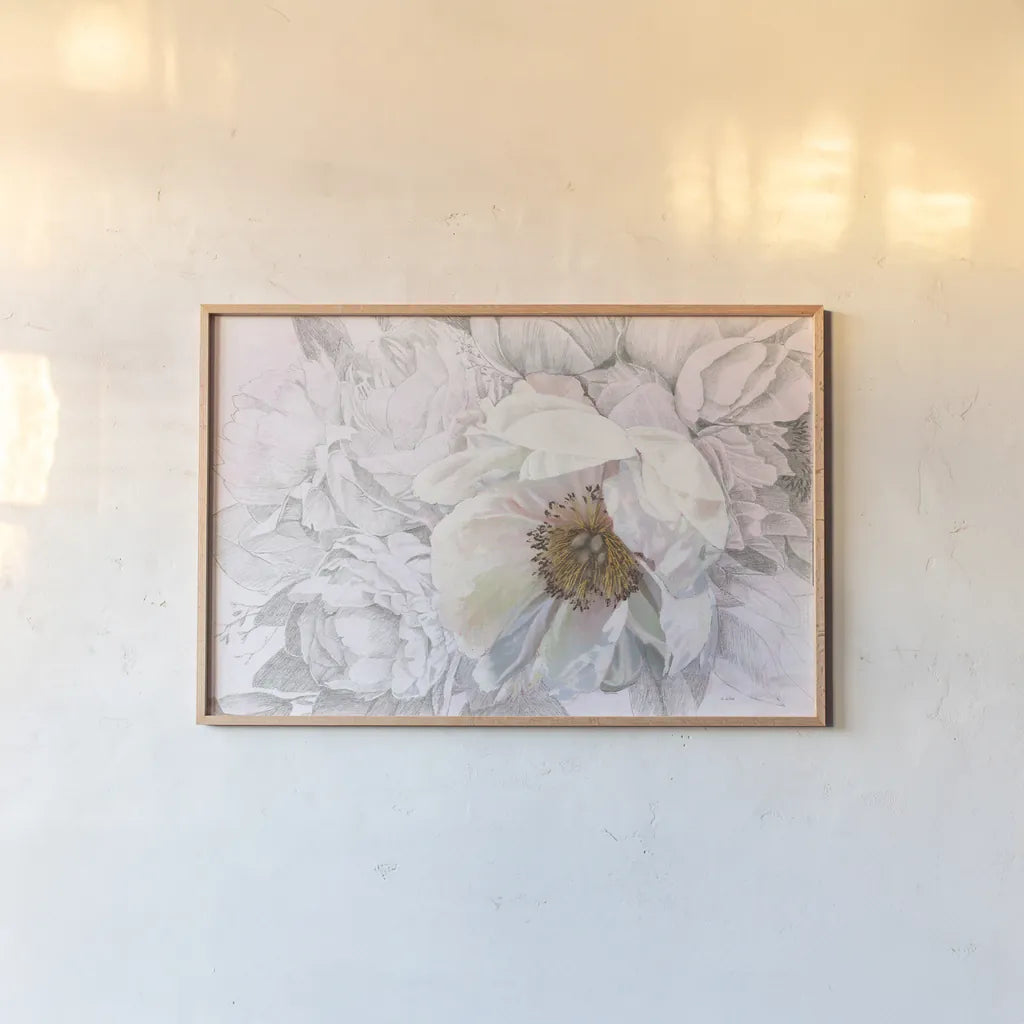 Blooming Sketch by James Wiens. shown as a paper print in a natural frame. Available as a archival giclee rolled canvas, fine art paper, or poster print. SKU 50318i.