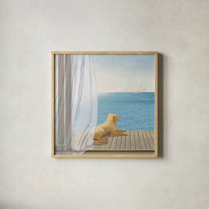 Blue Breeze II by James Wiens. Shown in a natural wood glass frame for a timeless modern aesthetic. Available as an archival giclee rolled canvas, fine art paper, or poster print. SKU 14065a.