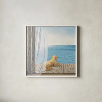 Blue Breeze II by James Wiens. Shown in a crisp white glass frame for a clean and minimalist style. Available as an archival giclee rolled canvas, fine art paper, or poster print. SKU 14065a.