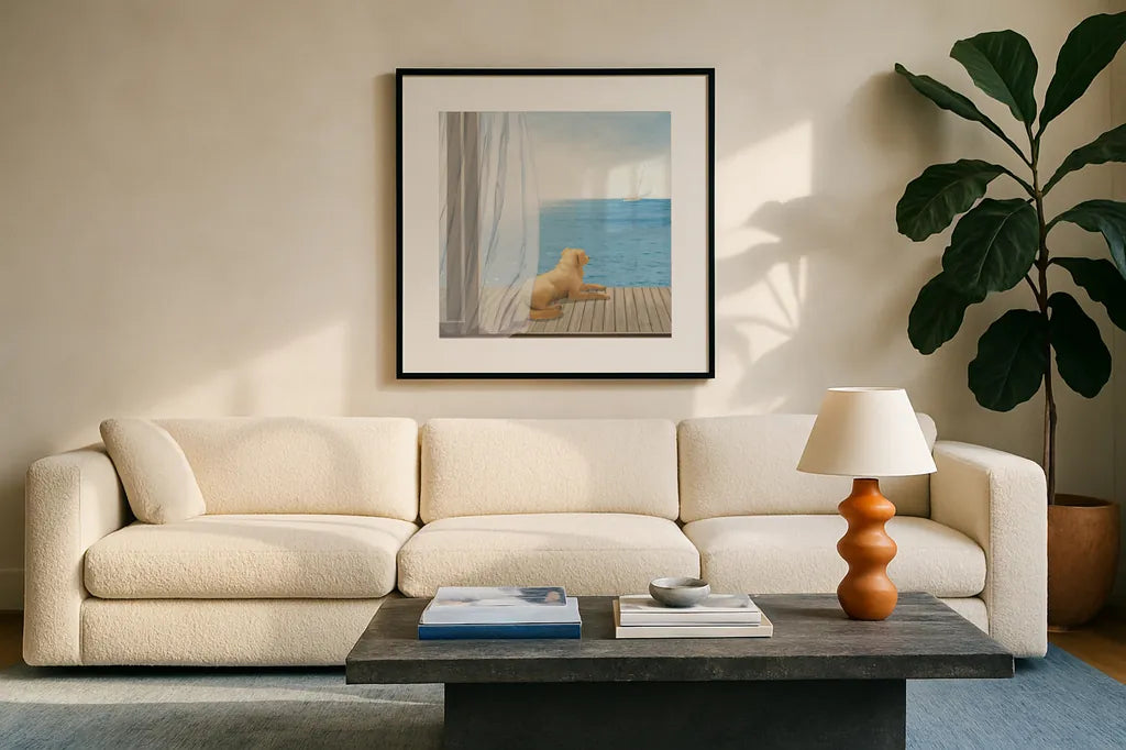 Blue Breeze II by James Wiens. Displayed in a glass frame with matte in a clean modern living room. Available as an archival giclee rolled canvas, fine art paper, or poster print. SKU 14065a.