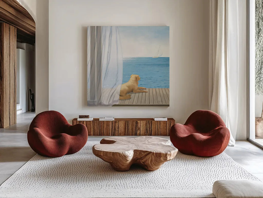 Blue Breeze II by James Wiens. Shown as extra-large giant wall art in a modern living room. Available as an archival giclee rolled canvas, fine art paper, or poster print. SKU 14065a.