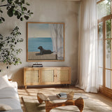 Blue Breeze III by James Wiens. Shown in a natural wood frame in a cozy modern living room. Available as an archival giclee rolled canvas, fine art paper, or poster print. SKU 14216a.