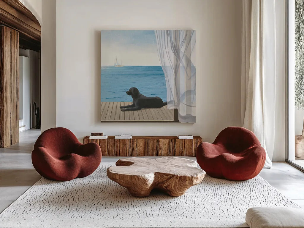 Blue Breeze III by James Wiens. Shown as extra-large giant wall art in a modern living room. Available as an archival giclee rolled canvas, fine art paper, or poster print. SKU 14216a.