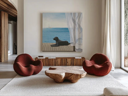 Blue Breeze III by James Wiens. Shown as extra-large giant wall art in a modern living room. Available as an archival giclee rolled canvas, fine art paper, or poster print. SKU 14216a.