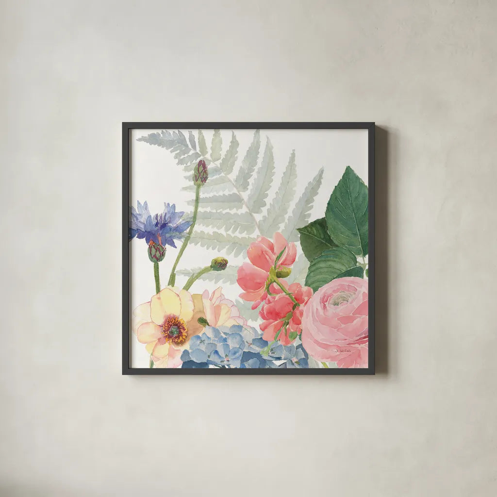 Boho Bouquet  IX by James Wiens. Shown in a sleek black glass frame for a contemporary gallery look. Available as an archival giclee rolled canvas, fine art paper, or poster print. SKU 68449a.