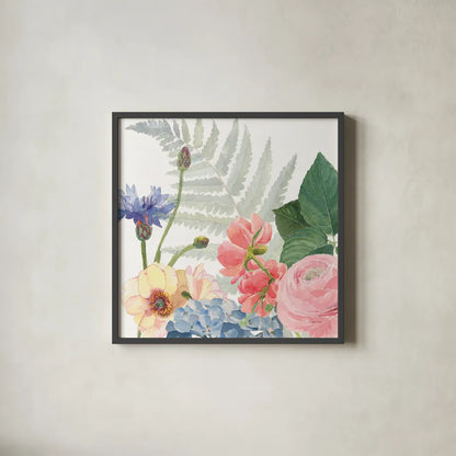 Boho Bouquet  IX by James Wiens. Shown in a sleek black glass frame for a contemporary gallery look. Available as an archival giclee rolled canvas, fine art paper, or poster print. SKU 68449a.