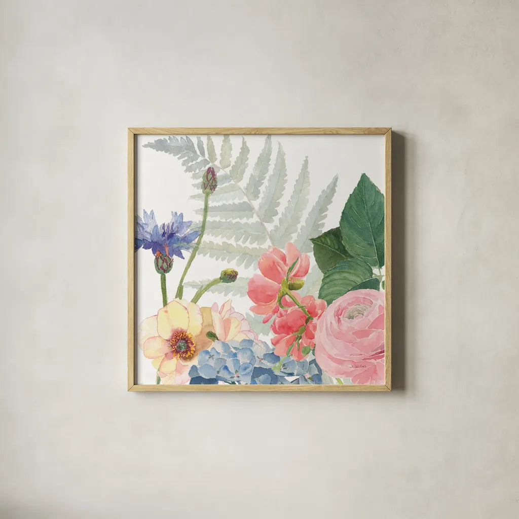 Boho Bouquet  IX by James Wiens. Shown in a natural wood glass frame for a timeless modern aesthetic. Available as an archival giclee rolled canvas, fine art paper, or poster print. SKU 68449a.