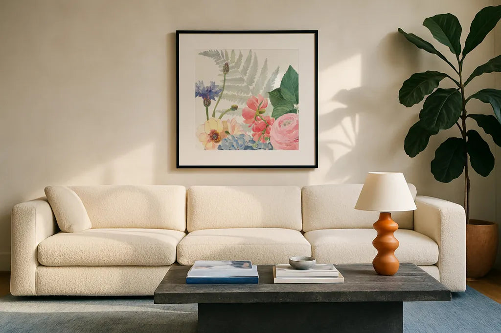 Boho Bouquet  IX by James Wiens. Displayed in a glass frame with matte in a clean modern living room. Available as an archival giclee rolled canvas, fine art paper, or poster print. SKU 68449a.