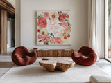Boho Bouquet  VI by James Wiens. Shown as extra-large giant wall art in a modern living room. Available as an archival giclee rolled canvas, fine art paper, or poster print. SKU 68446a.