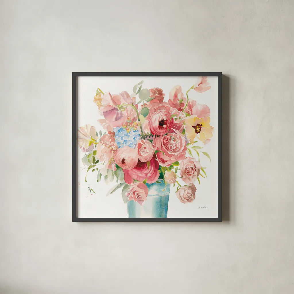 Boho Bouquet  VII by James Wiens. Shown in a sleek black glass frame for a contemporary gallery look. Available as an archival giclee rolled canvas, fine art paper, or poster print. SKU 68447a.