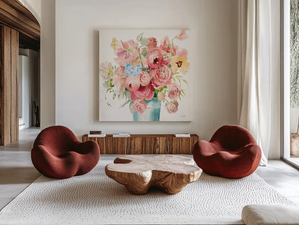 Boho Bouquet  VII by James Wiens. Shown as extra-large giant wall art in a modern living room. Available as an archival giclee rolled canvas, fine art paper, or poster print. SKU 68447a.