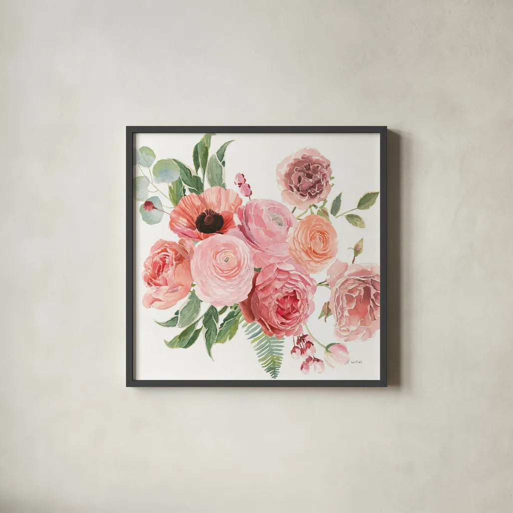 Boho Bouquet  VIII by James Wiens. Shown in a sleek black glass frame for a contemporary gallery look. Available as an archival giclee rolled canvas, fine art paper, or poster print. SKU 68448a.