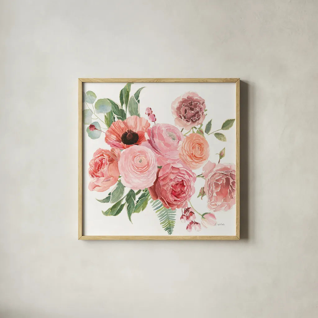 Boho Bouquet  VIII by James Wiens. Shown in a natural wood glass frame for a timeless modern aesthetic. Available as an archival giclee rolled canvas, fine art paper, or poster print. SKU 68448a.