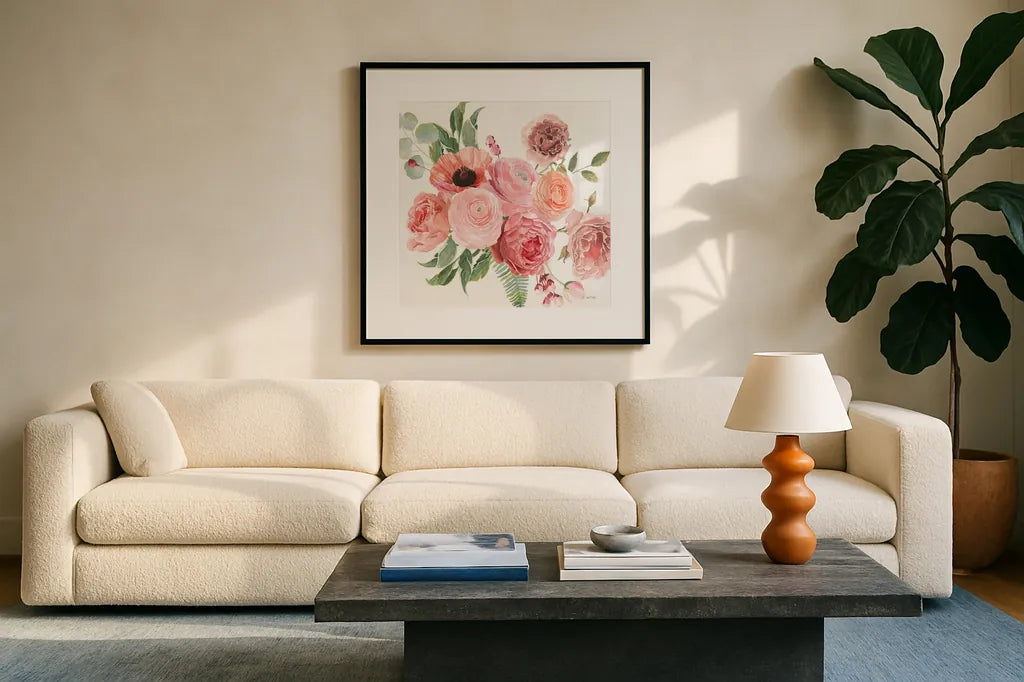 Boho Bouquet  VIII by James Wiens. Displayed in a glass frame with matte in a clean modern living room. Available as an archival giclee rolled canvas, fine art paper, or poster print. SKU 68448a.