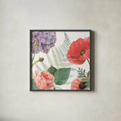Boho Bouquet  XI by James Wiens. Shown in a sleek black glass frame for a contemporary gallery look. Available as an archival giclee rolled canvas, fine art paper, or poster print. SKU 68451a.