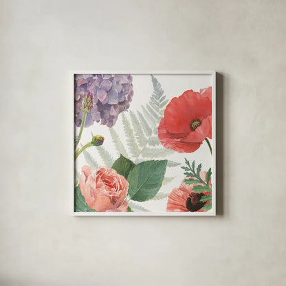 Boho Bouquet  XI by James Wiens. Shown in a crisp white glass frame for a clean and minimalist style. Available as an archival giclee rolled canvas, fine art paper, or poster print. SKU 68451a.
