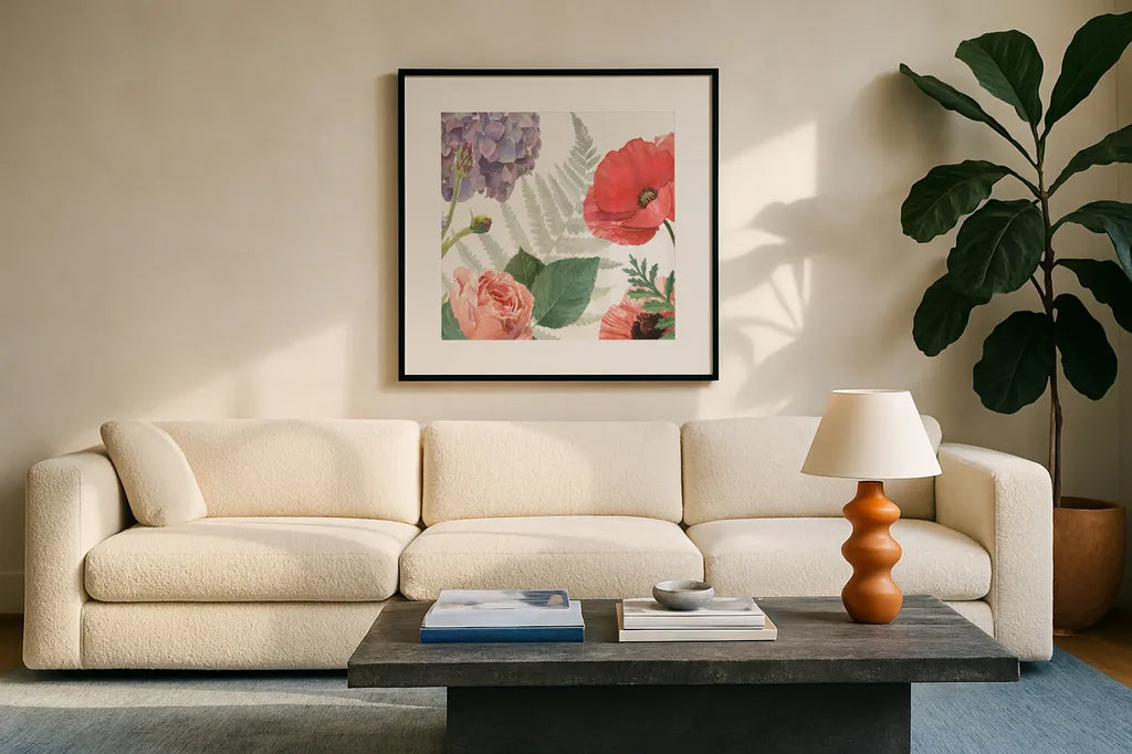 Boho Bouquet  XI by James Wiens. Displayed in a glass frame with matte in a clean modern living room. Available as an archival giclee rolled canvas, fine art paper, or poster print. SKU 68451a.