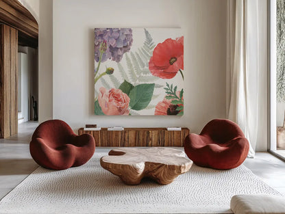 Boho Bouquet  XI by James Wiens. Shown as extra-large giant wall art in a modern living room. Available as an archival giclee rolled canvas, fine art paper, or poster print. SKU 68451a.