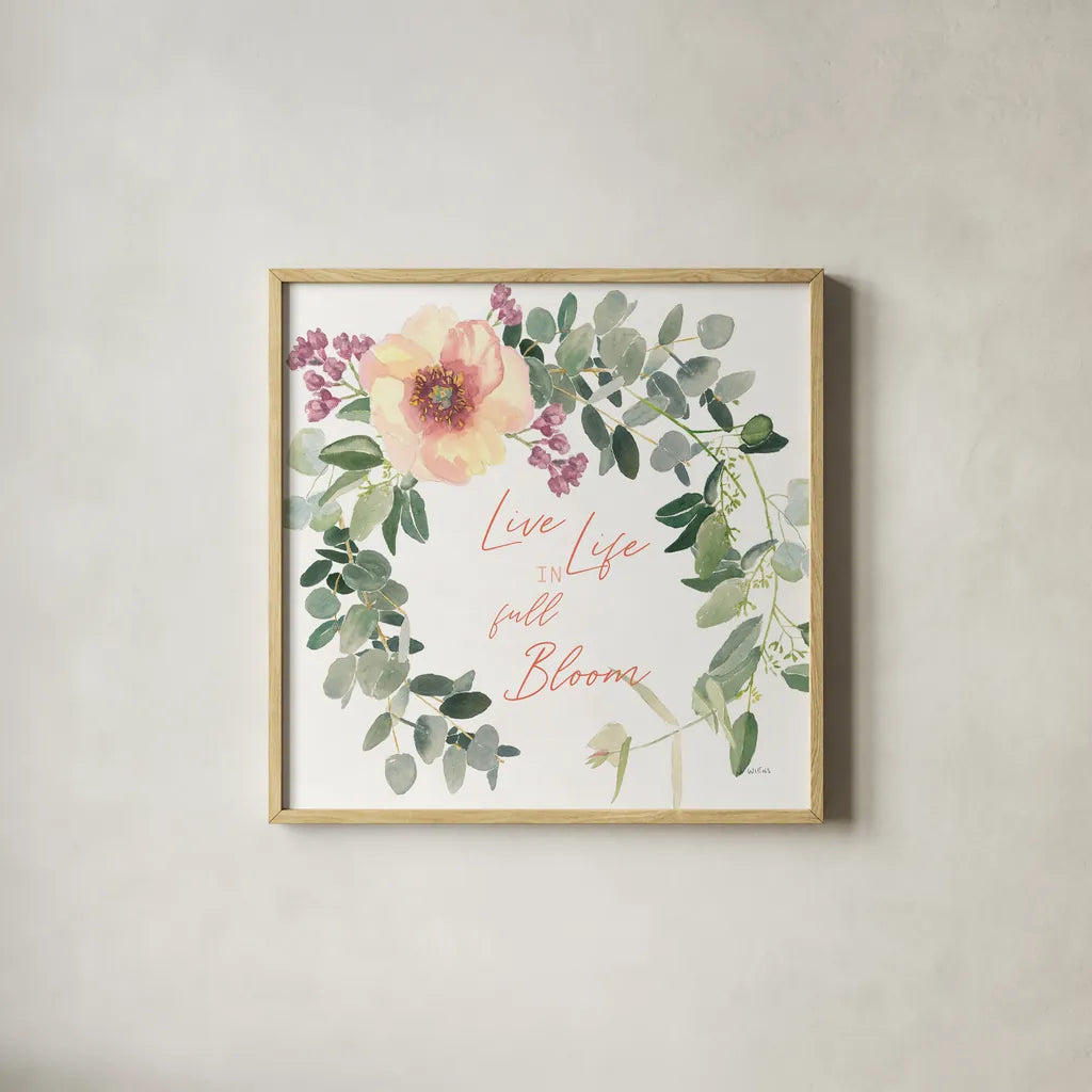 Boho Bouquet  XII by James Wiens. Shown in a natural wood glass frame for a timeless modern aesthetic. Available as an archival giclee rolled canvas, fine art paper, or poster print. SKU 68452a.