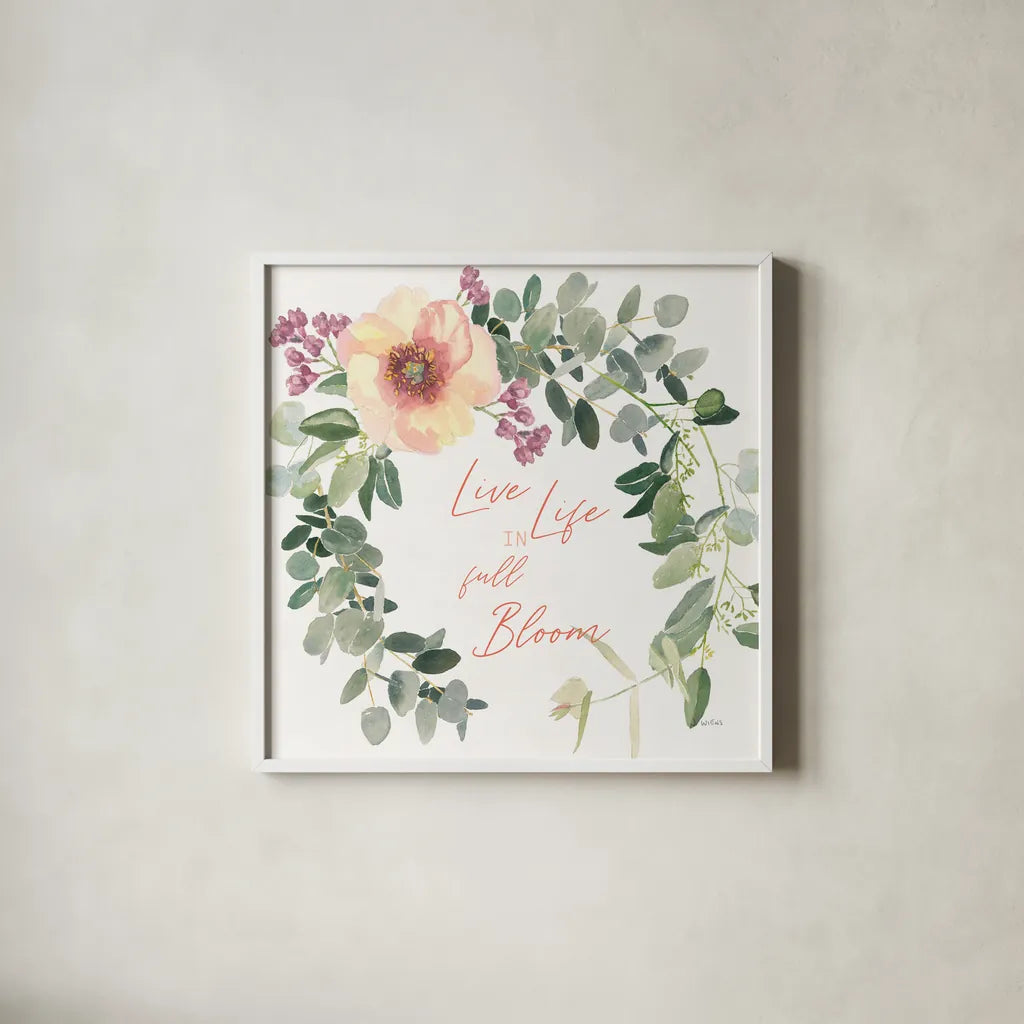 Boho Bouquet  XII by James Wiens. Shown in a crisp white glass frame for a clean and minimalist style. Available as an archival giclee rolled canvas, fine art paper, or poster print. SKU 68452a.