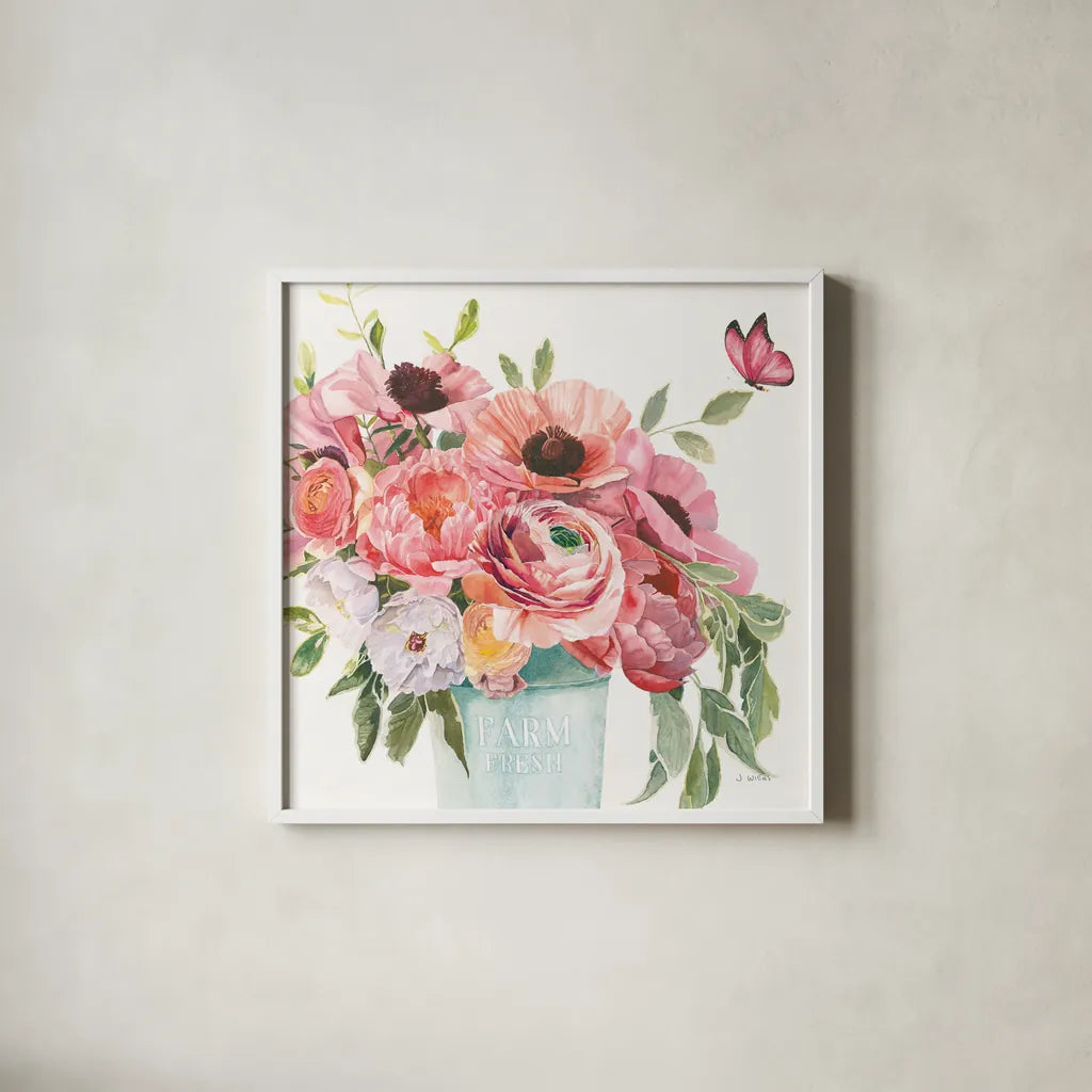 Boho Bouquet  XIII by James Wiens. Shown in a crisp white glass frame for a clean and minimalist style. Available as an archival giclee rolled canvas, fine art paper, or poster print. SKU 68453a.