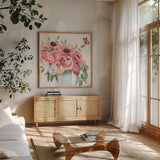 Boho Bouquet  XIII by James Wiens. Shown in a natural wood frame in a cozy modern living room. Available as an archival giclee rolled canvas, fine art paper, or poster print. SKU 68453a.